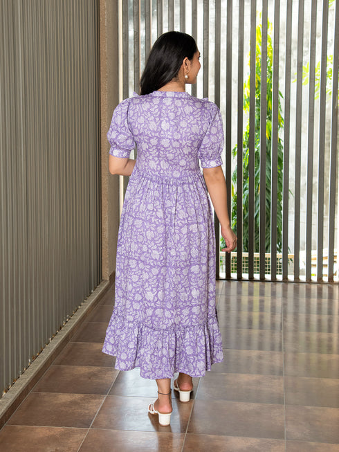 MULMUL PURPLE FLORAL JAAL BLOCK PRINTED DRESS MULMUL PURPLE FLORAL JAAL BLOCK PRINTED DRESS